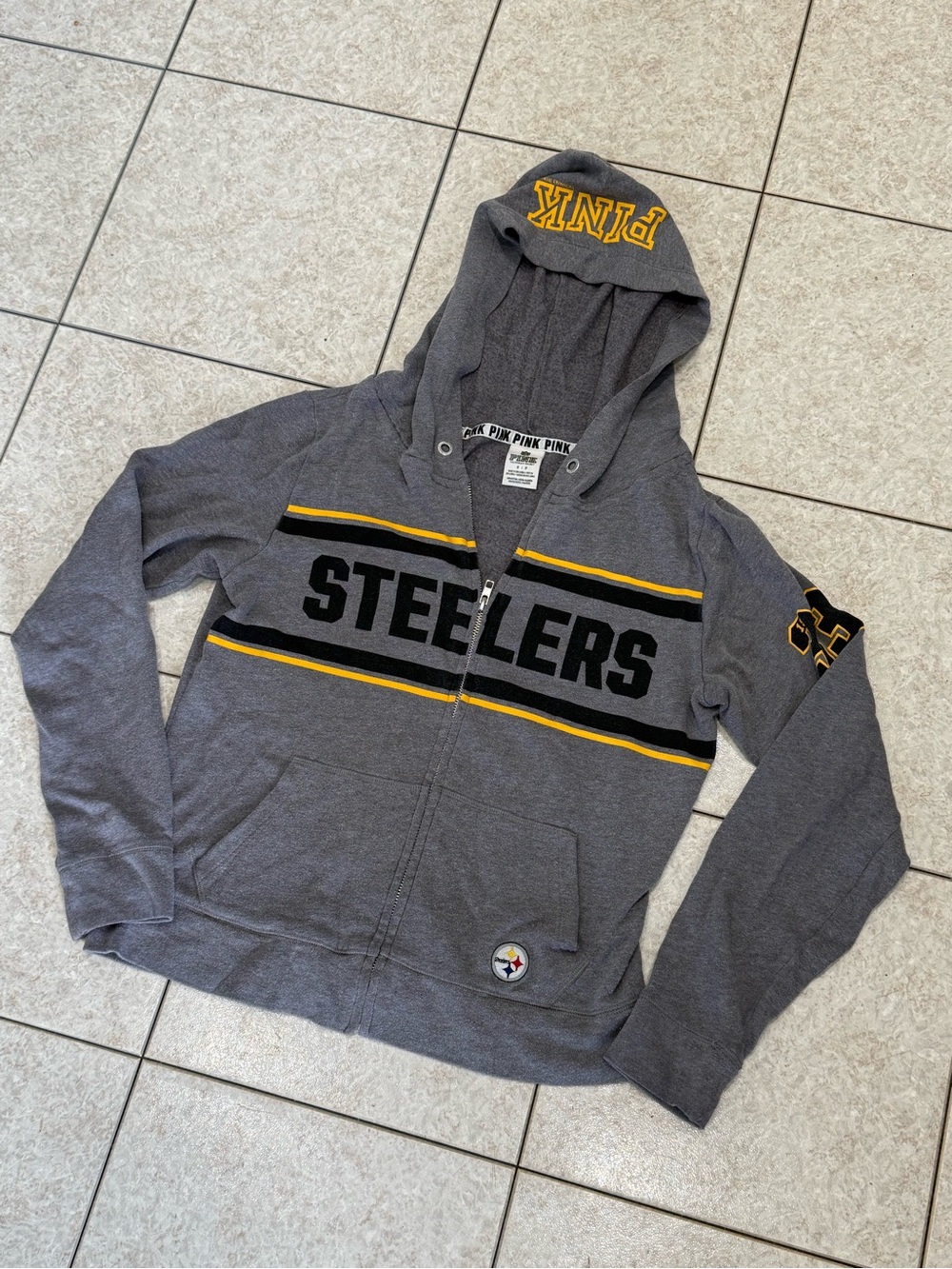 Victoria's Secret PINK Gray Hoodie with Yellow Stripe